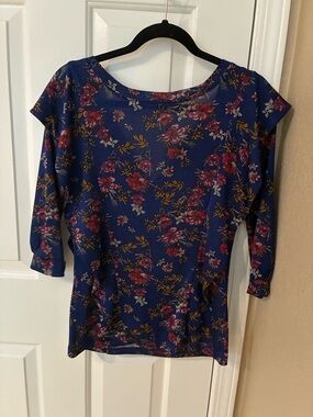 Free People Navy Floral Boatneck Long Sleeve Top